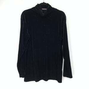 Denim & Co. Top Womens Medium Black Velvet-Like Turtleneck Long Sleeve Side Slit